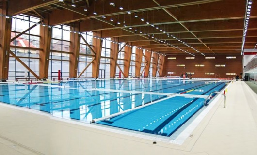 Copertura in legno lamellare piscina olimpionica Bucarest, grandi luci. 